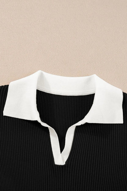 Contrast Collared Neck Ribbed Knit Top - adritiX