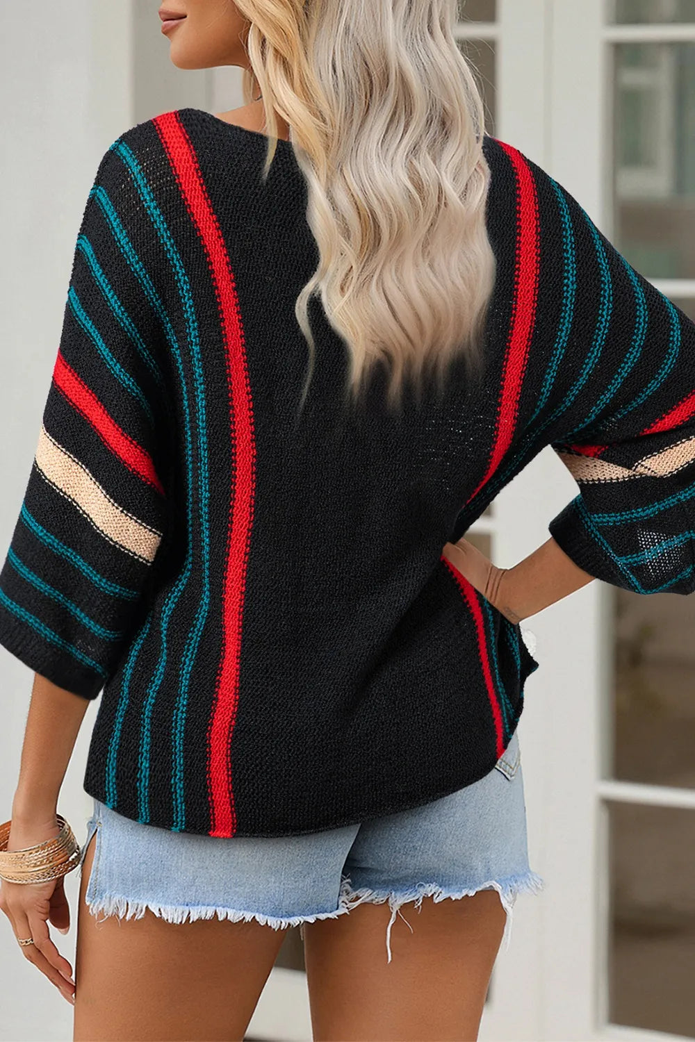 Striped Boat Neck Three-Quarter Sleeve Knit Top - adritiX
