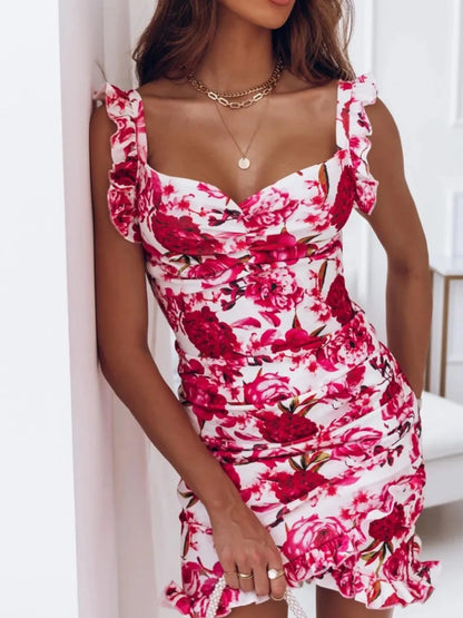 Floral Ruffle Strap Sweetheart Neck Mini Dress - adritiX