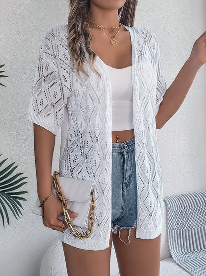 Openwork Open Front Half Sleeve Cardigan - adritiX