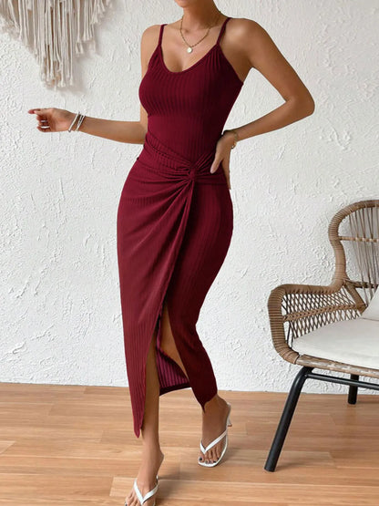 Ribbed Wrap Midi Dress with Side Slit - adritiX