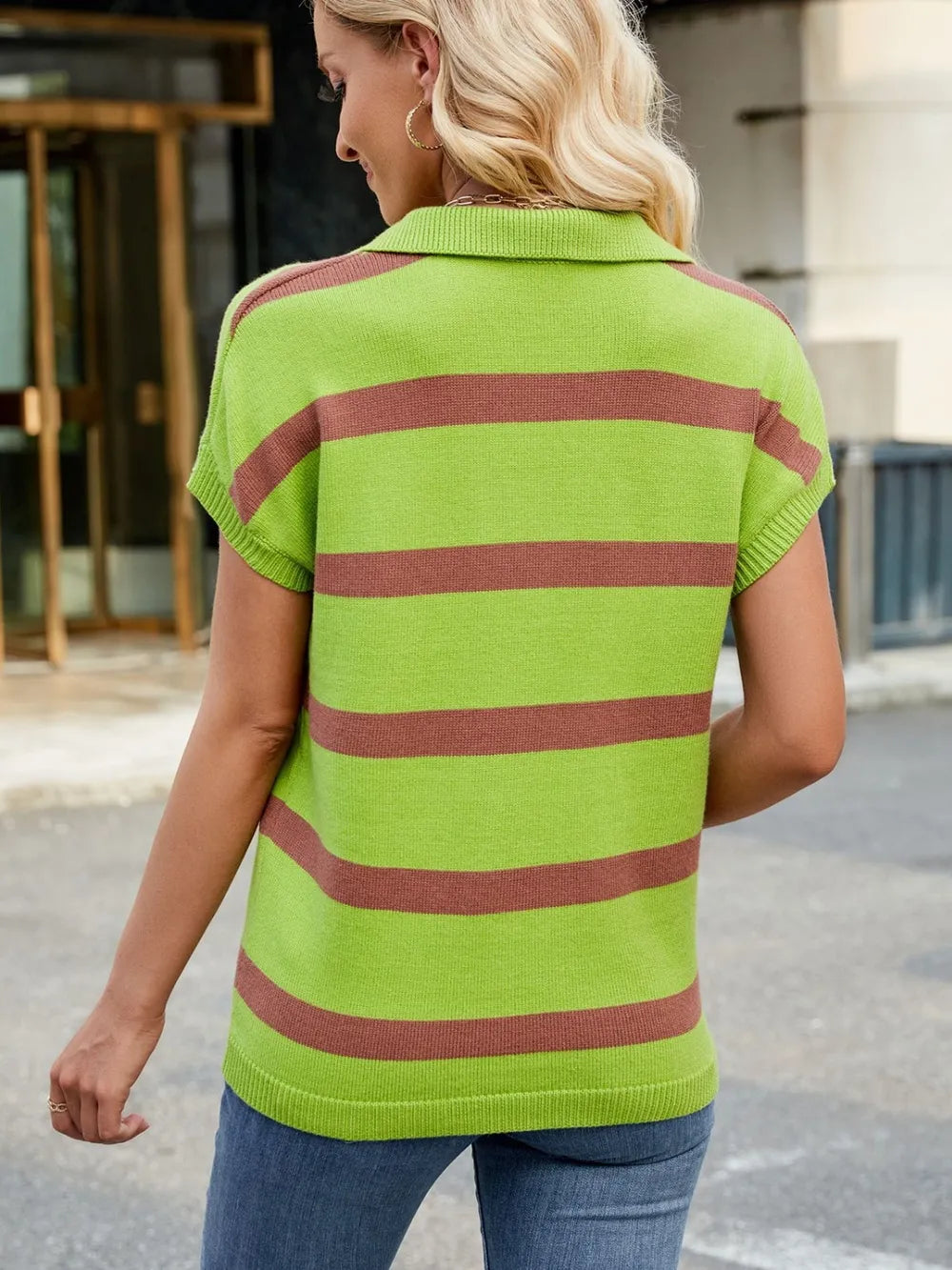 Elegant Striped Johnny Collar Cap Sleeve Sweater - adritiX