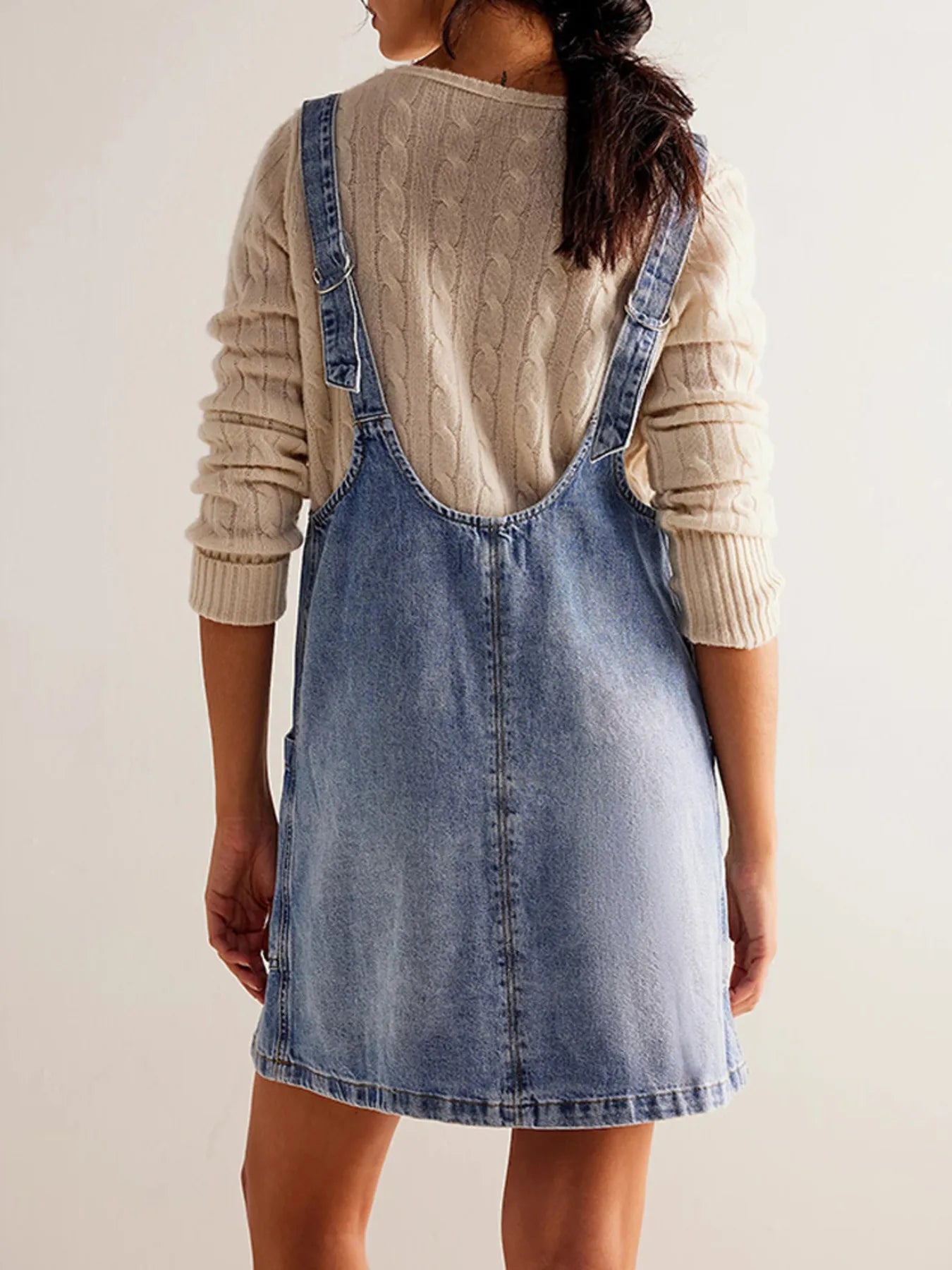 Oversized V-Neck Denim Tank Dress with Front Pockets - adritiX