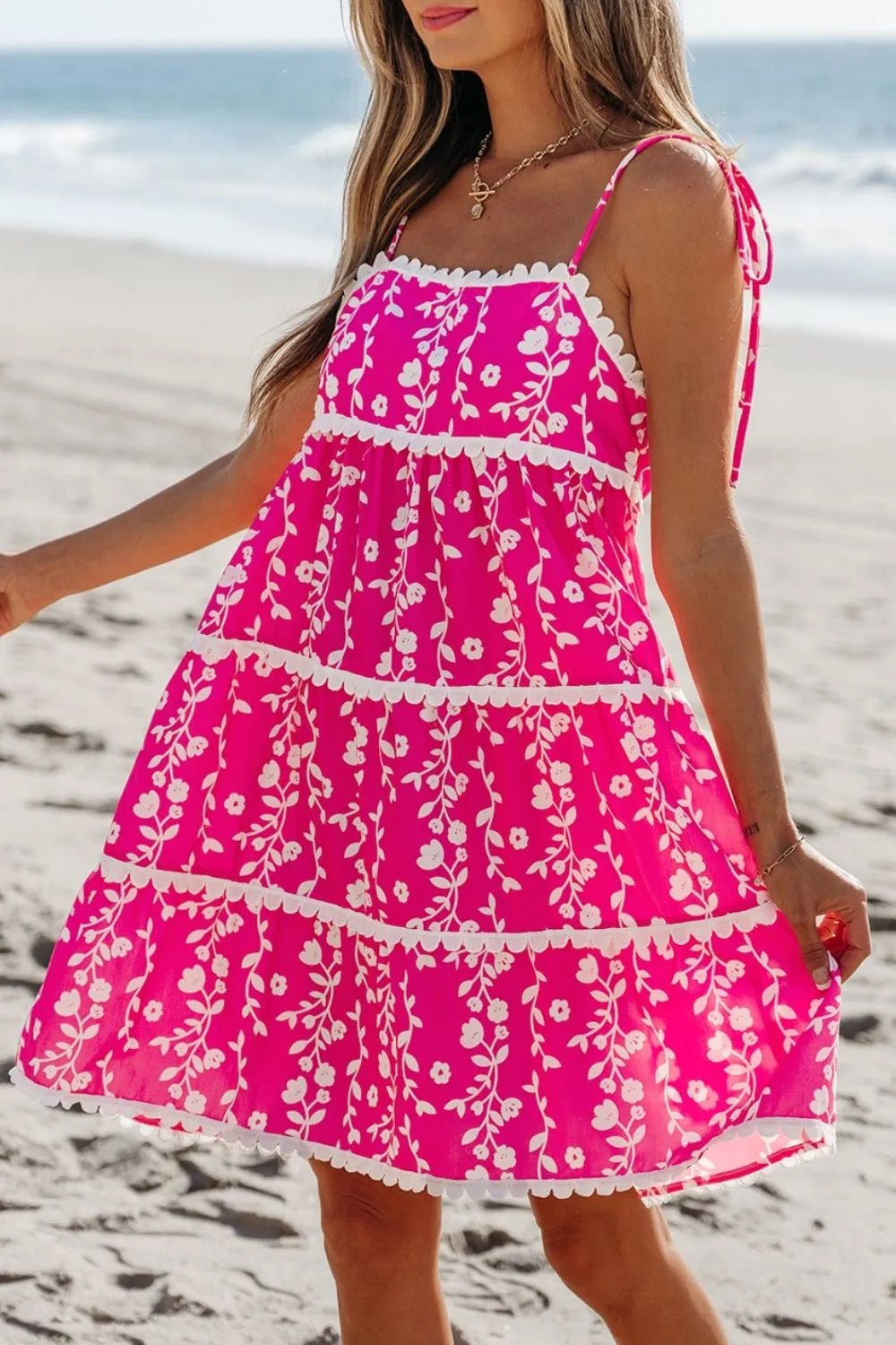 Floral Print Ric Rac Patched Sleeveless Mini Dress - adritiX