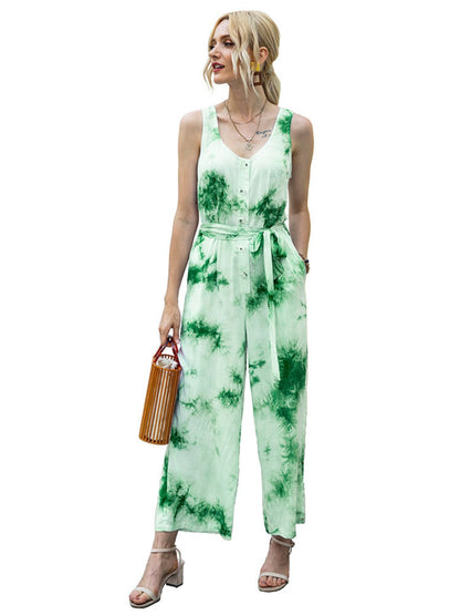 Elegant Ivy Lane Tie-Dye Tie Waist Sleeveless Jumpsuit - adritiX