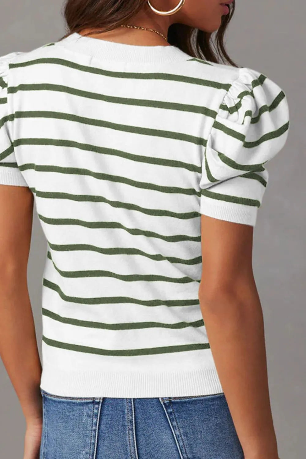 Striped Round Neck Puff Sleeve Knit Top - adritiX
