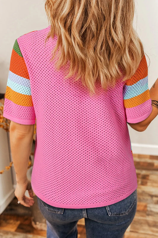 Color Block Eyelet Casual Knit Top - adritiX