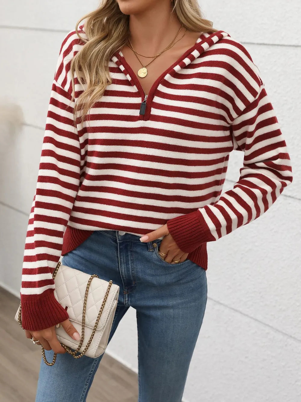 Perfee Striped Long Sleeve Hooded Sweater - adritiX