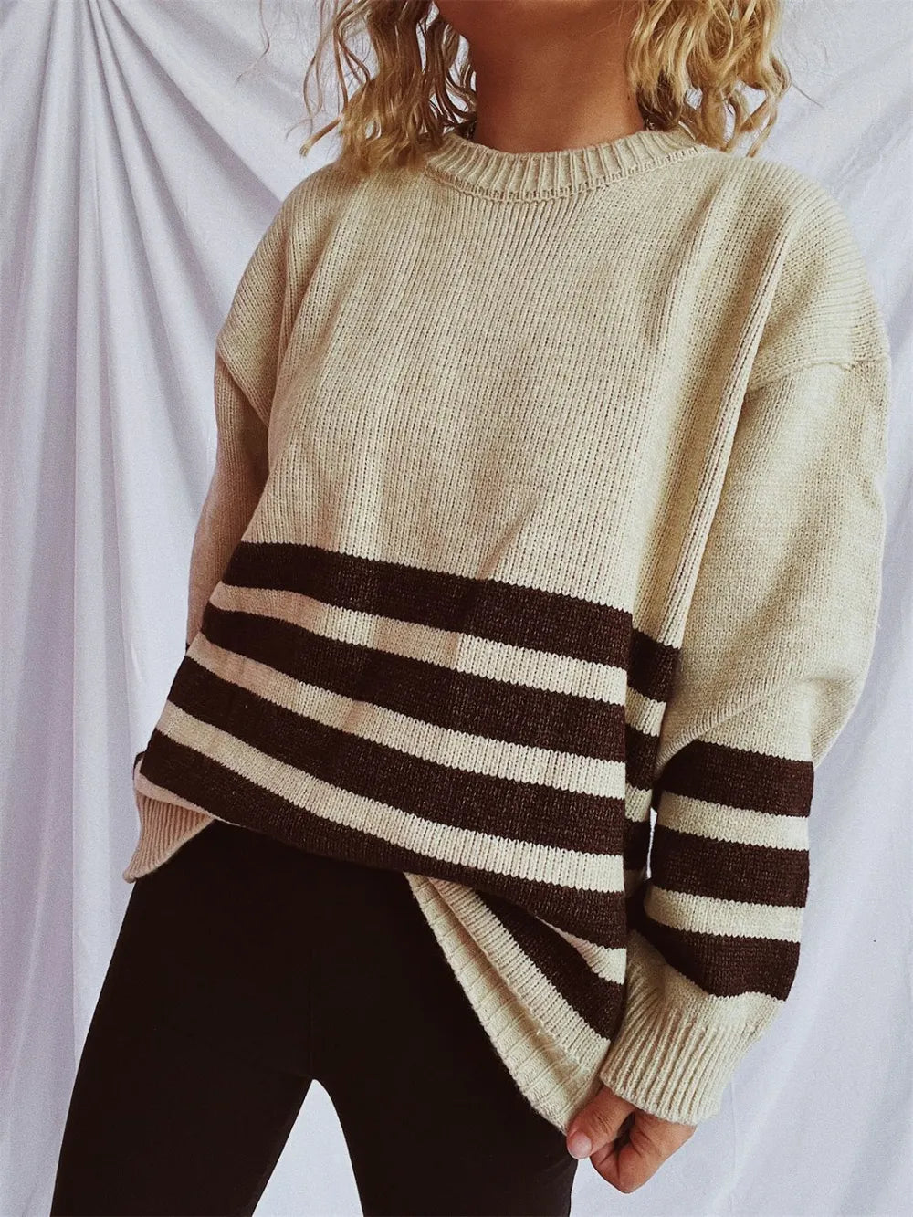 Striped Dropped Shoulder Long Sleeve Sweater - adritiX