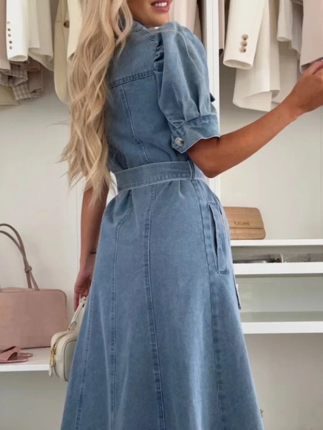 Puff Sleeve Button Down Belted Denim Midi Dress - adritiX