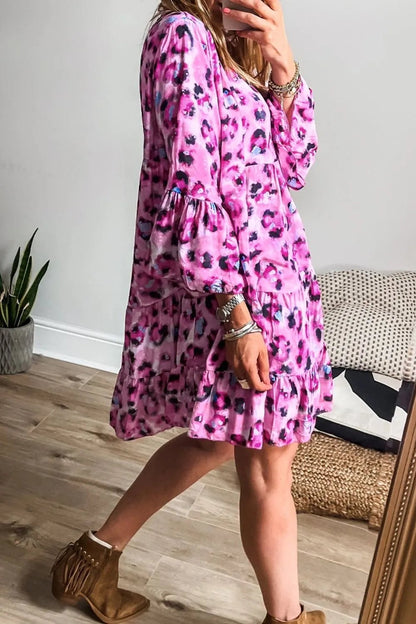Leopard Print Buttoned Front 3/4 Sleeve Tiered Ruffled Hem Dress - adritiX