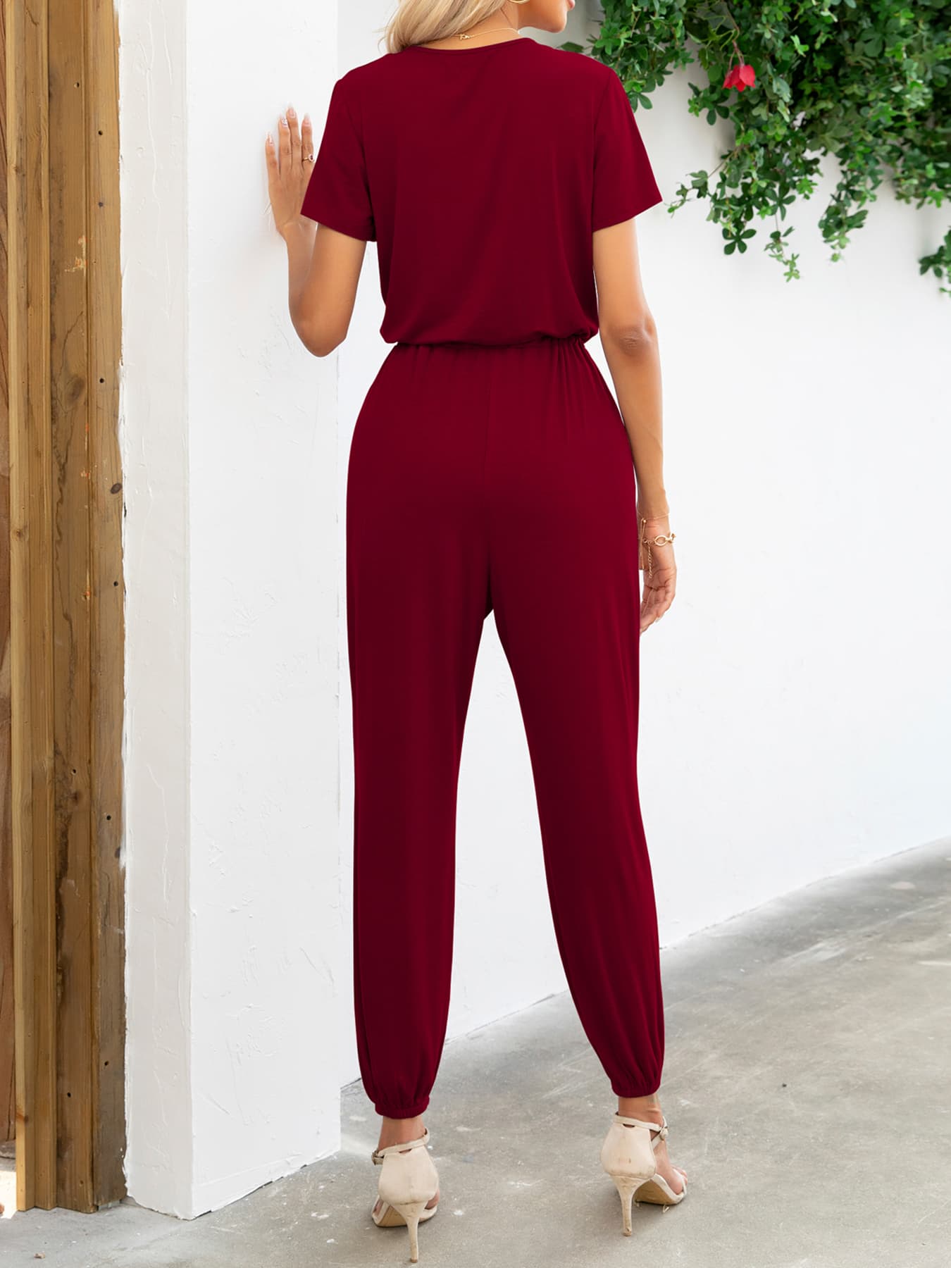 Elegant Short Sleeve V-Neck Jumpsuit with Pockets - adritiX
