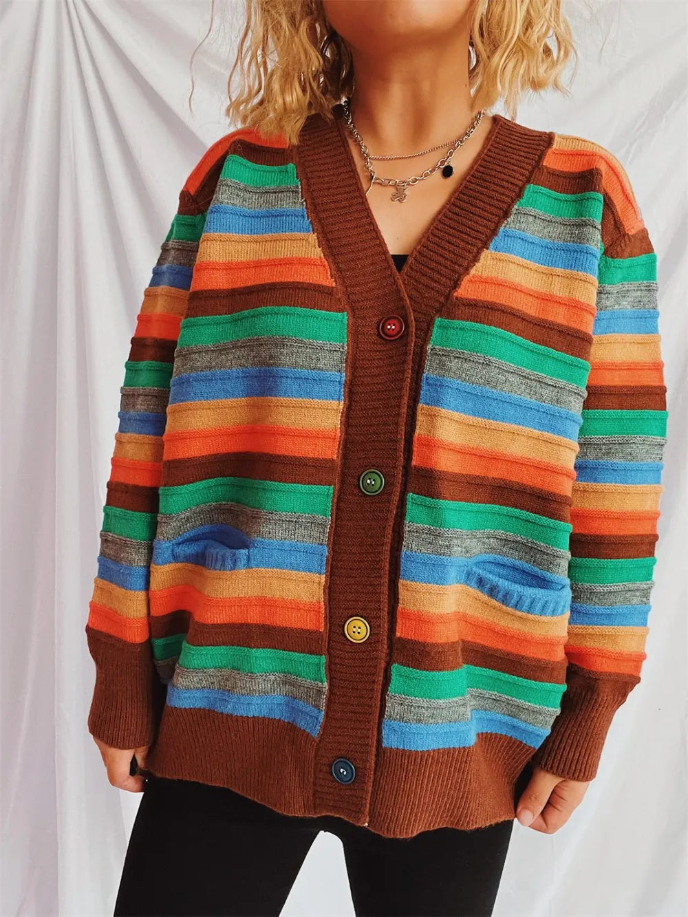 Contrast Stripes Button Up Long Sleeve Cardigan - adritiX