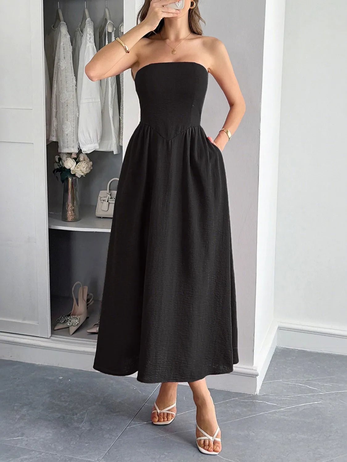 Strapless A-Line Midi Dress with Pockets - adritiX