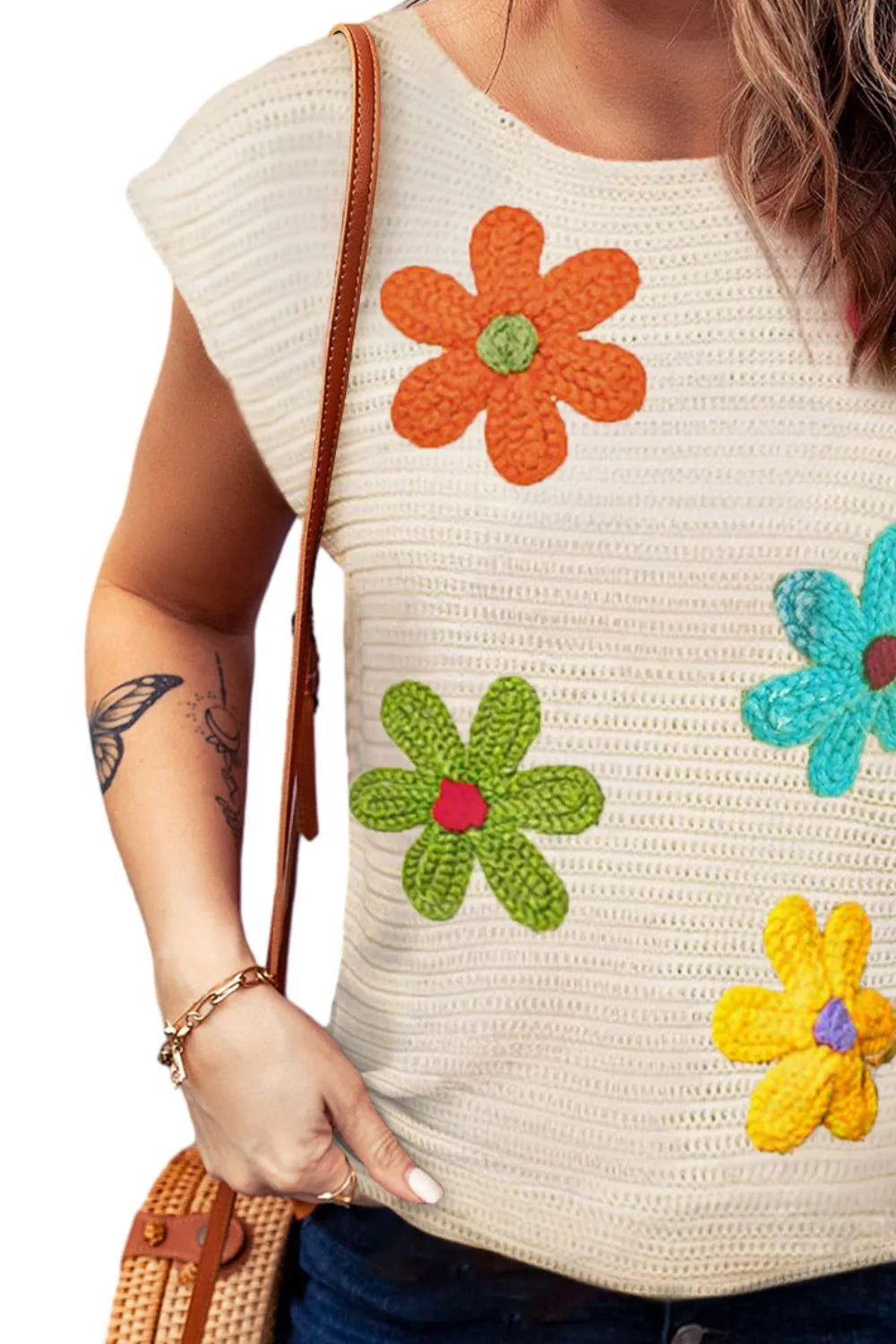 Flower Round Neck Cap Sleeve Knit Top - adritiX