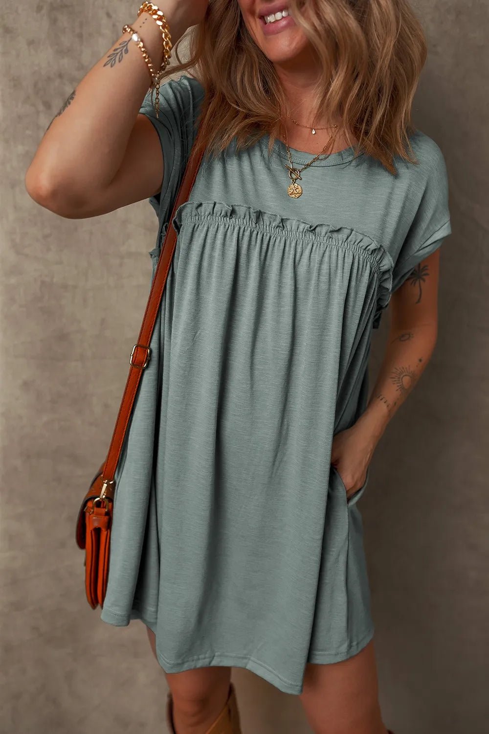 Frilled Gathered Seam Round Neck T Shirt Dress - adritiX