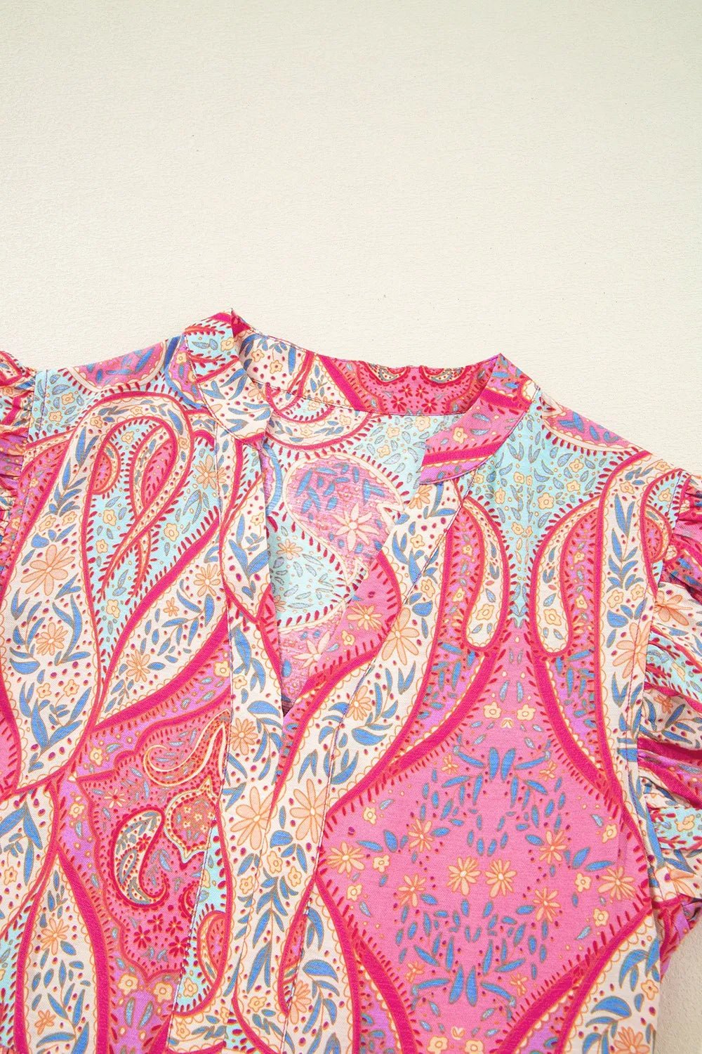 Tribal Paisley Print Ruffled Sleeve Notch Neck Midi Dress - adritiX