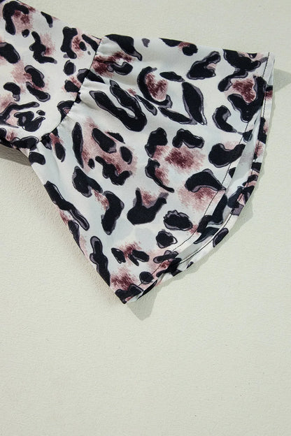 Leopard Print Buttoned Front 3/4 Sleeve Tiered Ruffled Hem Dress - adritiX