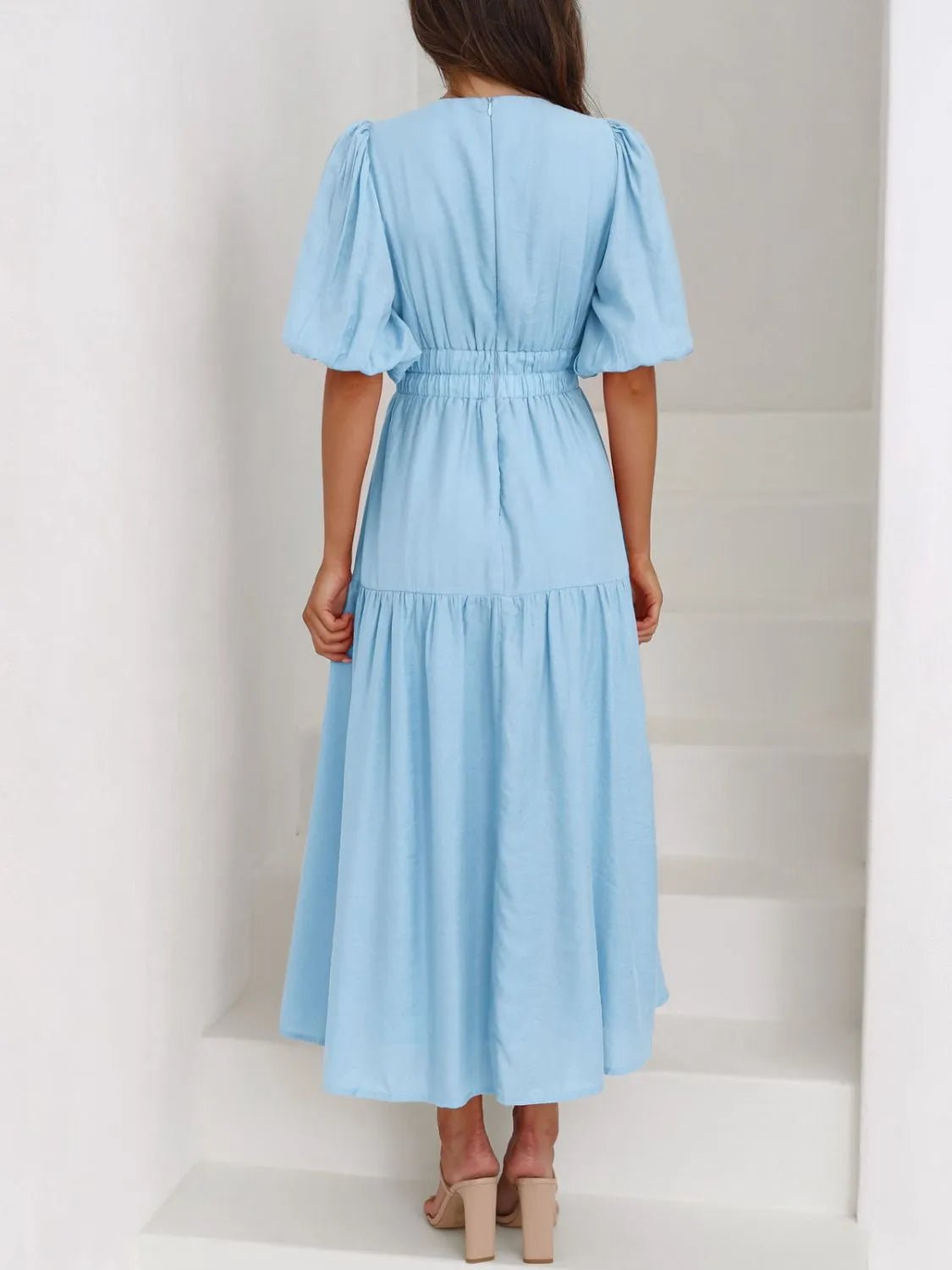 V-Neck Puff Sleeve Midi Dress - adritiX