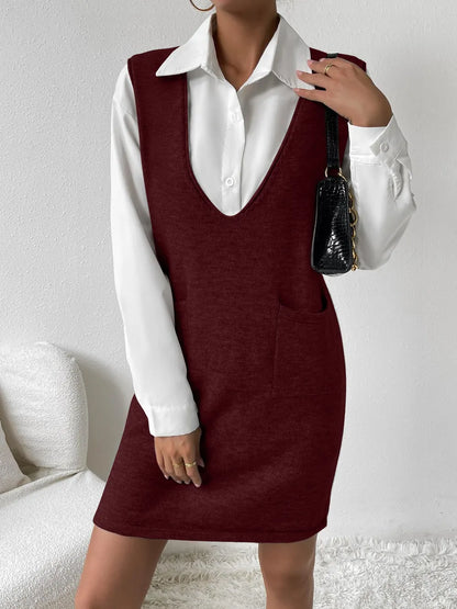 V-Neck Sleeveless Sweater Dress with Pockets - adritiX
