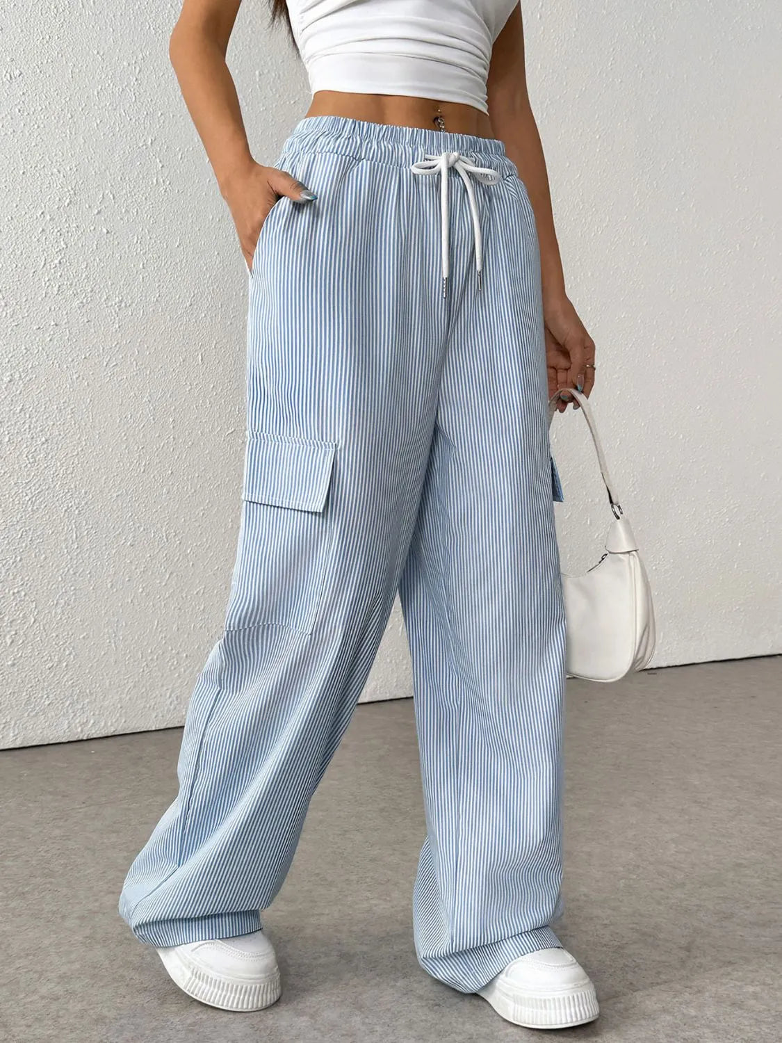 Drawstring Striped Wide Leg Cargo Pants - adritiX