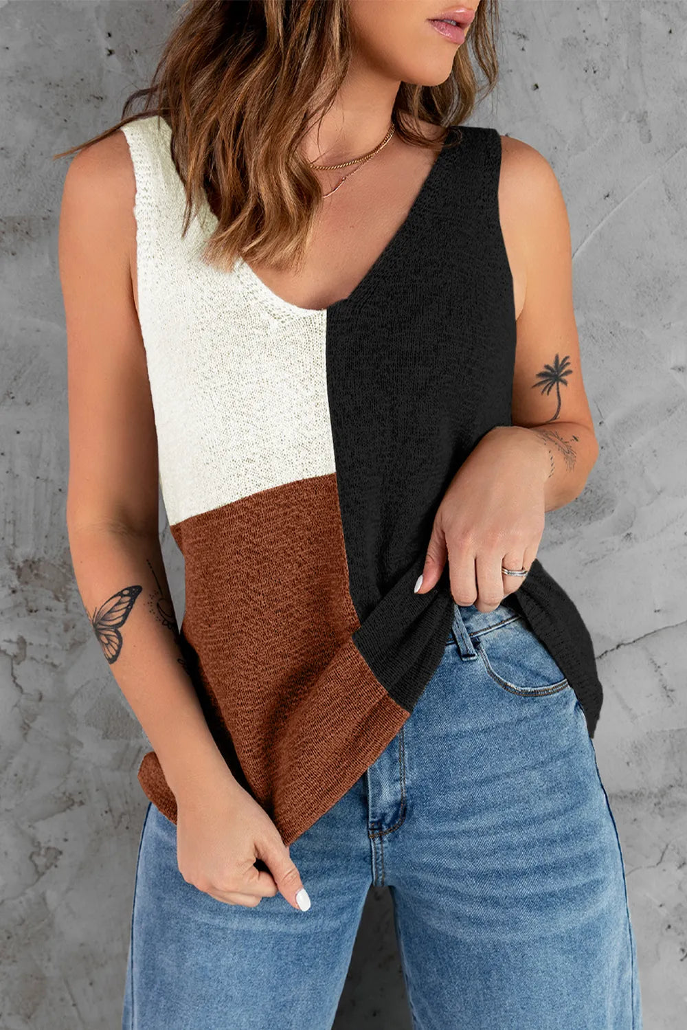 Color Block V-Neck Knit Vest - adritiX