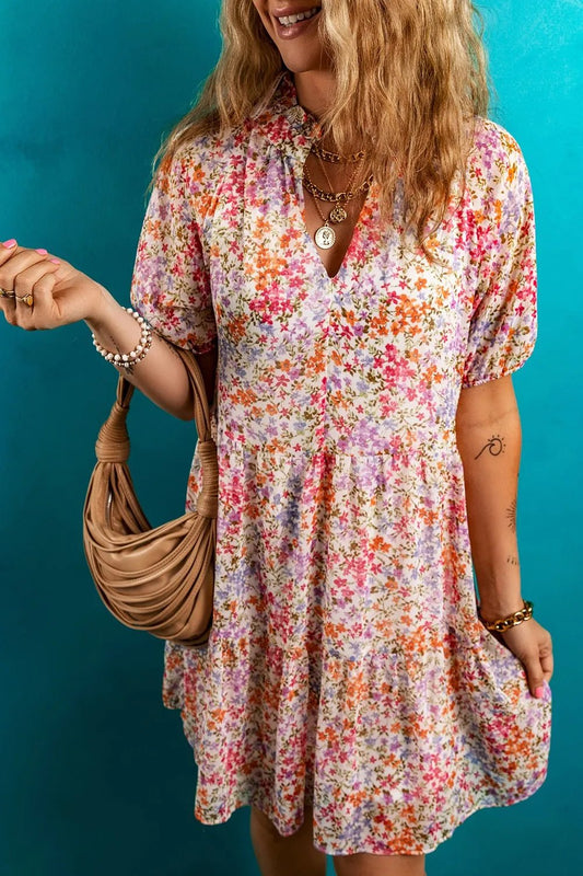Floral Puff Sleeve Notched Tiered Mini Dress - adritiX