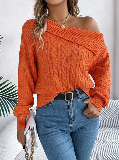 Cable-Knit One Shoulder Long Sleeve Sweater - adritiX