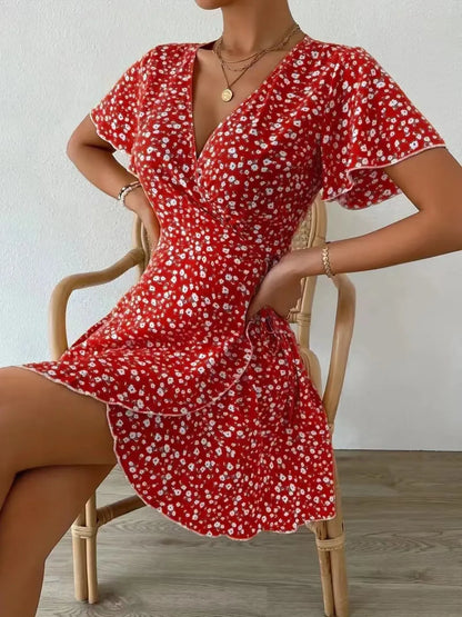 Floral Flutter Sleeve Wrap Mini Dress - adritiX