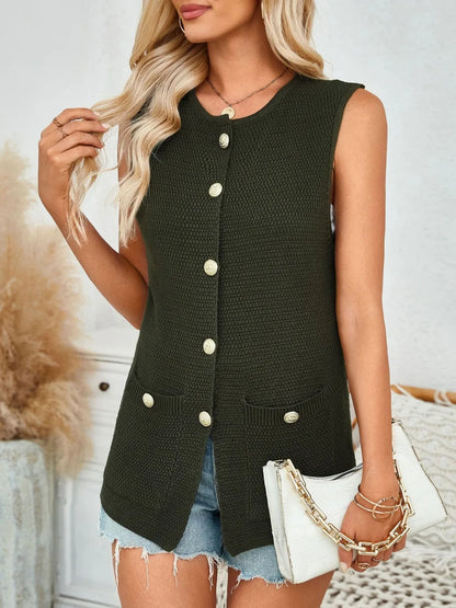 Button Down Round Neck Knit Vest - adritiX