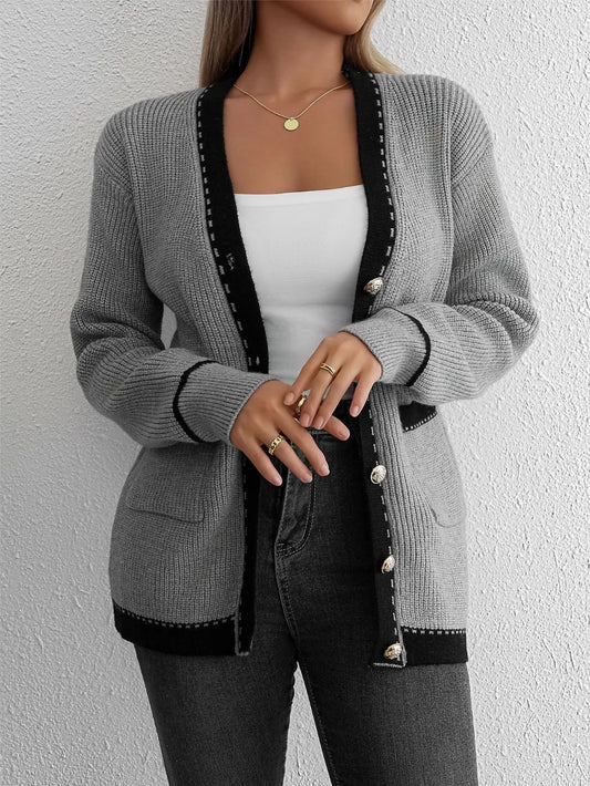 Contrast Trim Button Up Long Sleeve Cardigan - adritiX