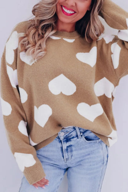 Heart Round Neck Long Sleeve Sweater - adritiX