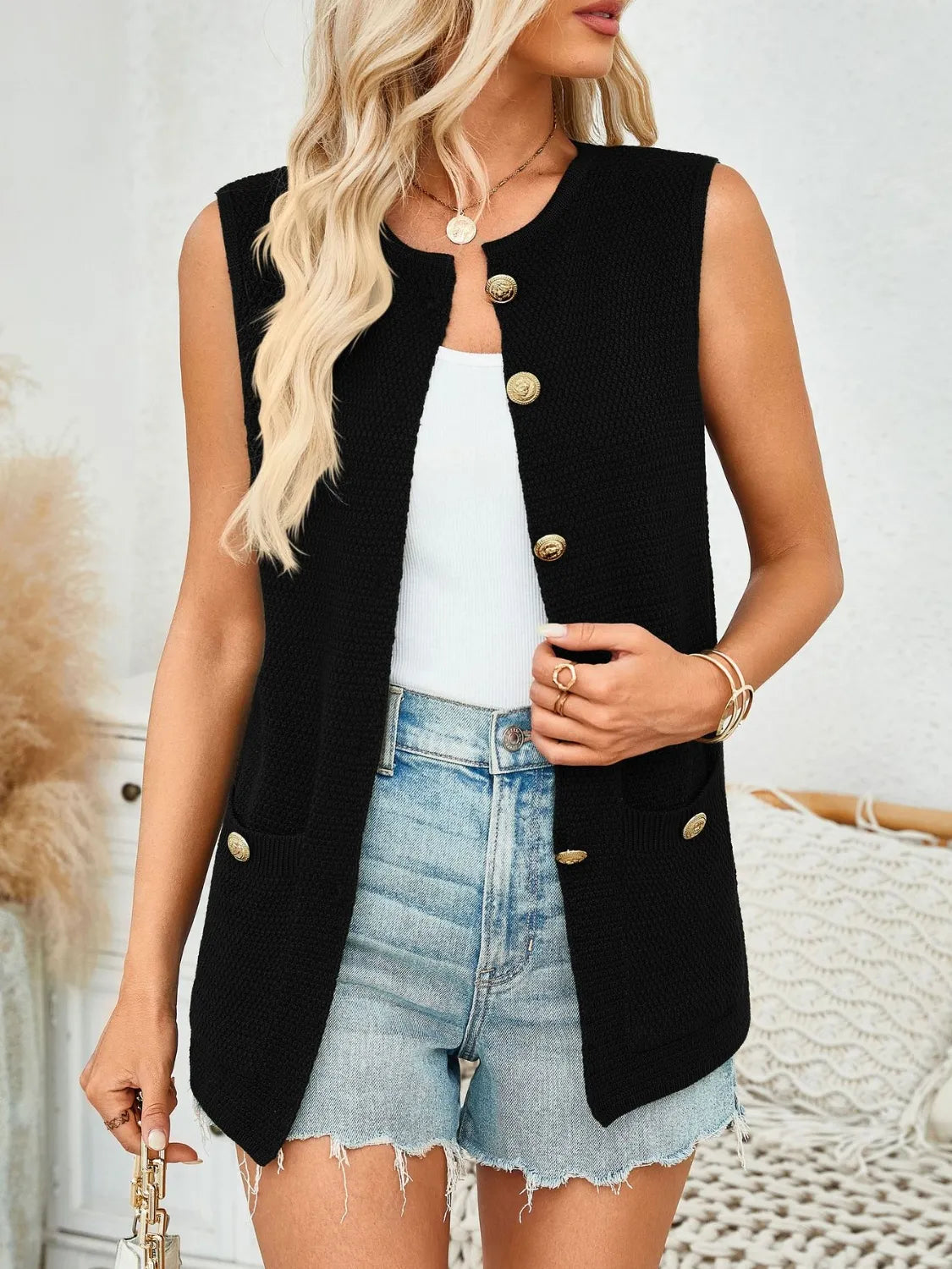 Button Down Round Neck Knit Vest - adritiX