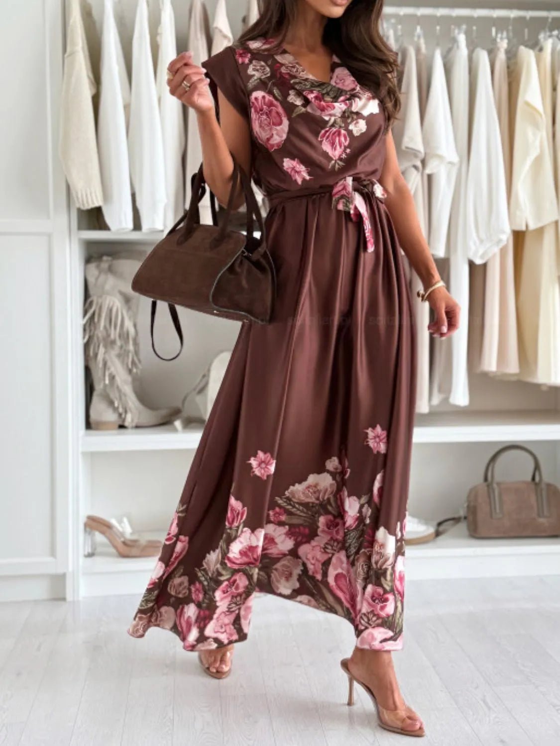 Tie Waist Floral Cap Sleeve Dress - adritiX