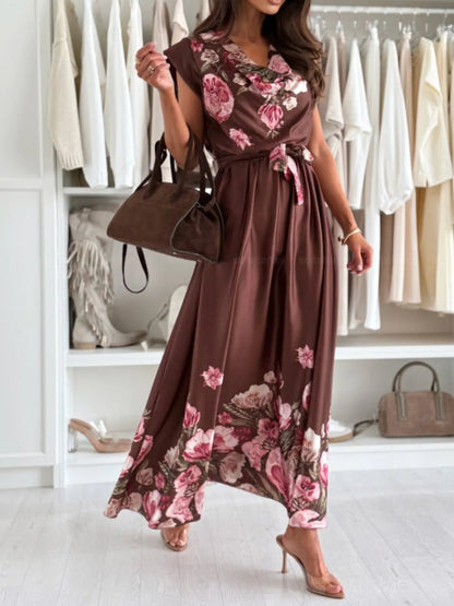 Tie Waist Floral Cap Sleeve Dress - adritiX