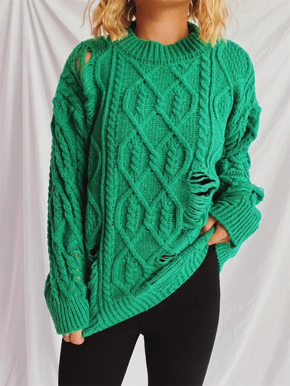 Distressed Cable-Knit Round Neck Long Sleeve Sweater - adritiX