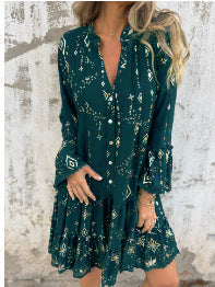 Elegant Bronzing Fashion Horn Lace Sleeve Hollow Dress - adritiX