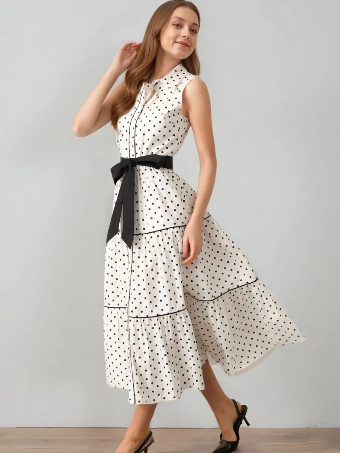 Polka Dot Sleeveless Midi Shirt Dress - adritiX