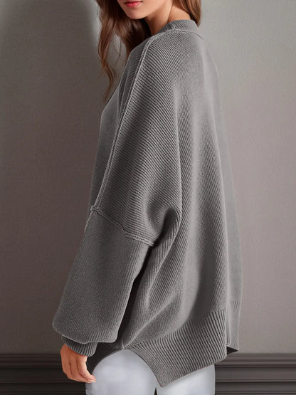 Double Take Side Slit Round Neck Long Sleeve Sweater - adritiX