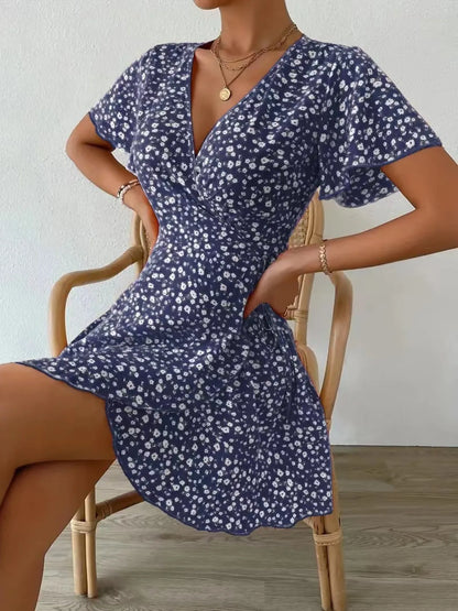 Floral Flutter Sleeve Wrap Mini Dress - adritiX