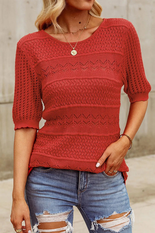Elegant Openwork Round Neck Half Sleeve Knit Top - adritiX