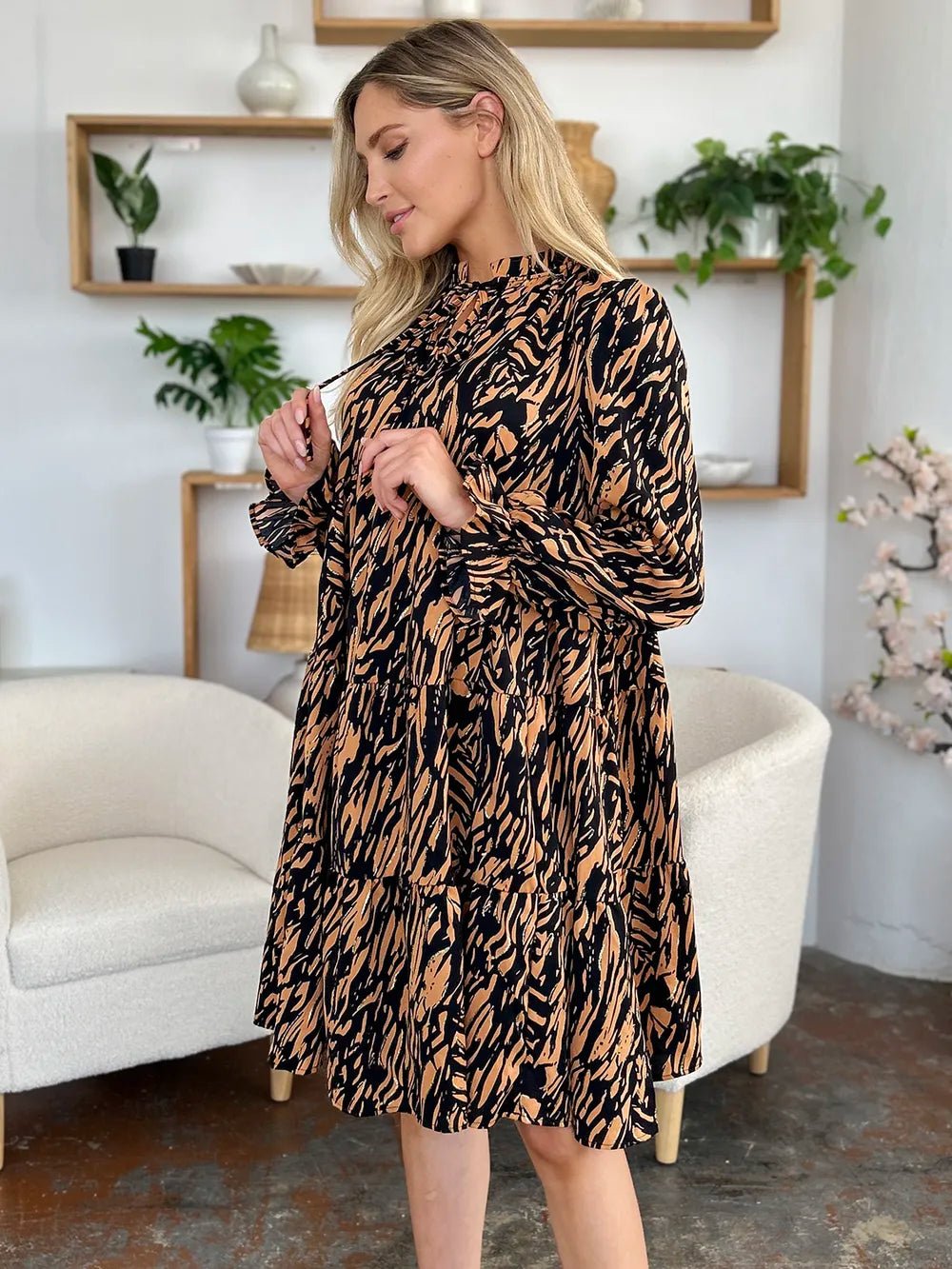 Double Take Full Size Printed Ruffle Hem Long Sleeve Dress - adritiX