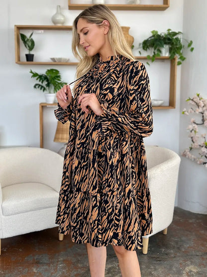 Double Take Full Size Printed Ruffle Hem Long Sleeve Dress - adritiX