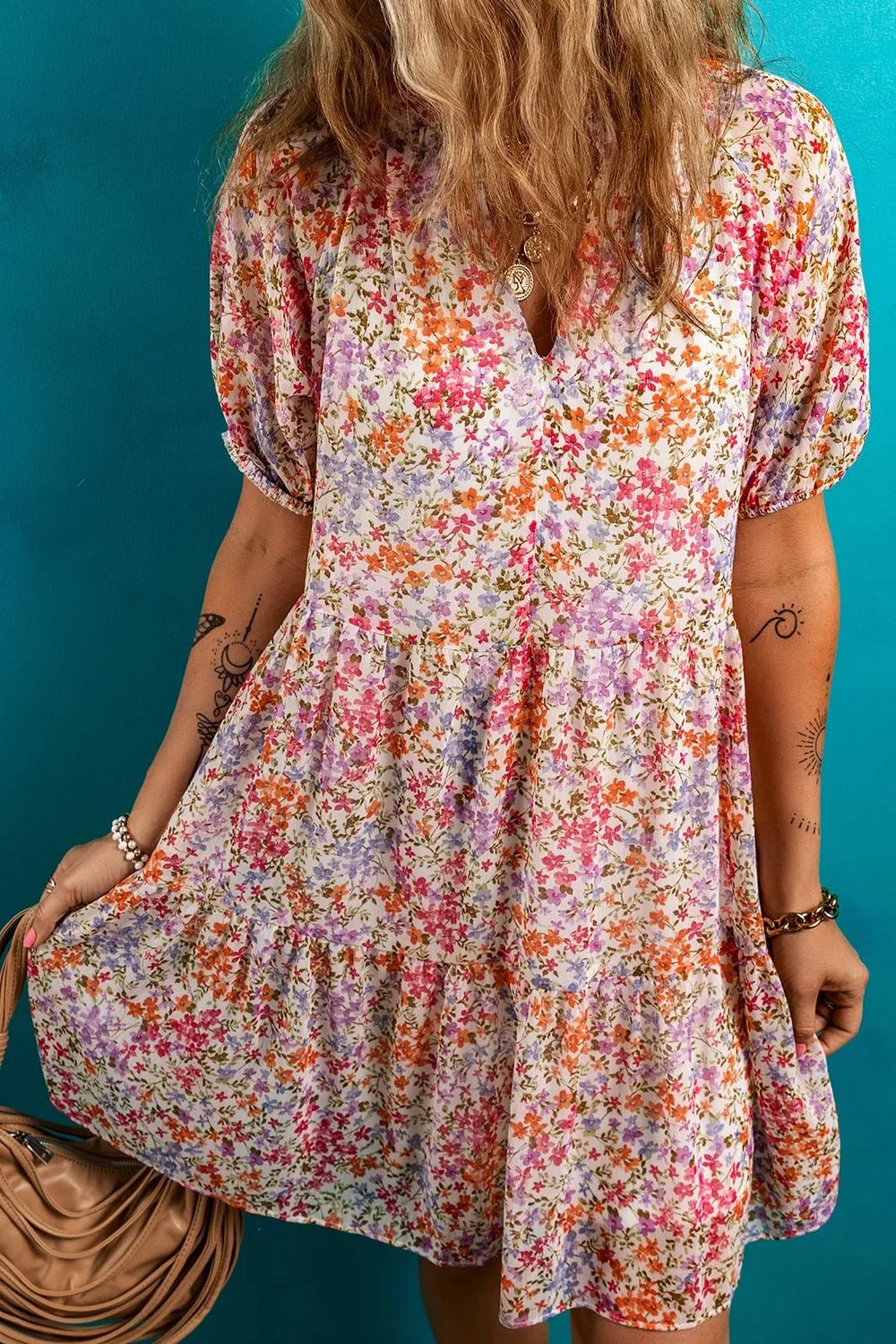 Floral Puff Sleeve Notched Tiered Mini Dress - adritiX