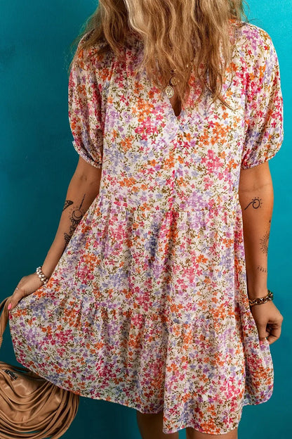 Floral Puff Sleeve Notched Tiered Mini Dress - adritiX