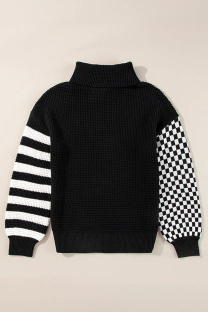 Striped & Checkered Turtleneck Dropped Shoulder Sweater - adritiX