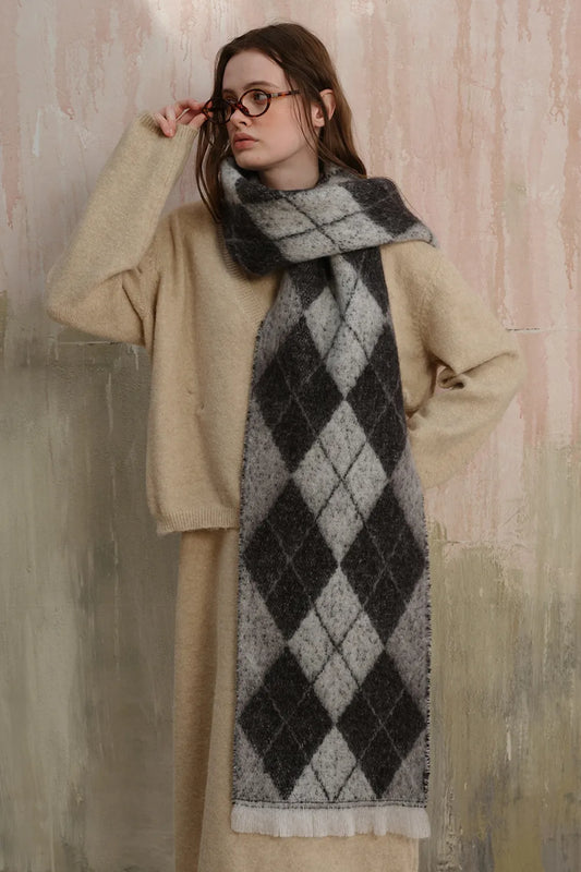 Fringe Argyle Polyester Scarf - adritiX