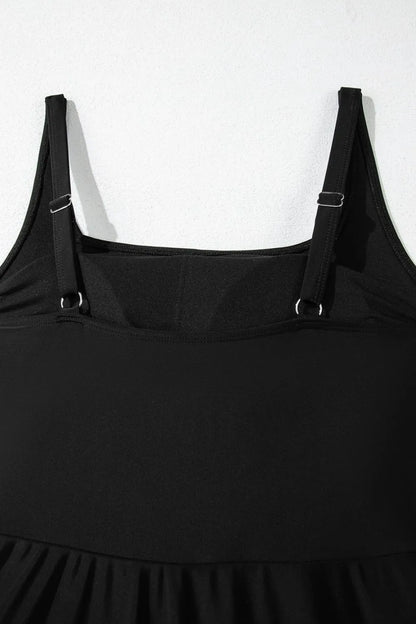 Side Tied Waist Square Neck Adjustable Straps A-line One Piece Swim Dress - adritiX