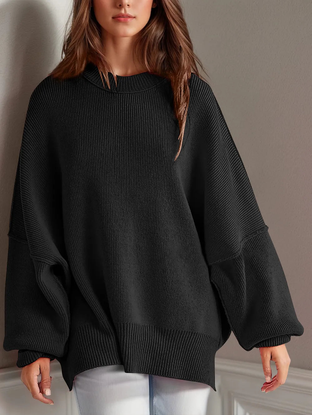 Double Take Side Slit Round Neck Long Sleeve Sweater - adritiX