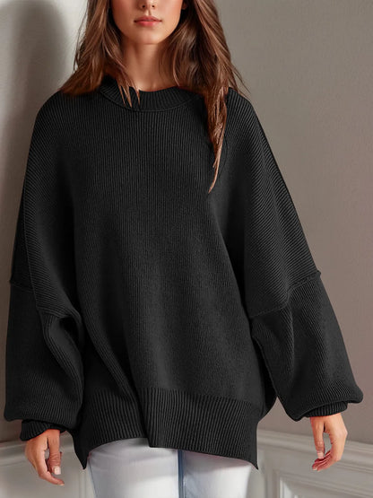 Double Take Side Slit Round Neck Long Sleeve Sweater - adritiX